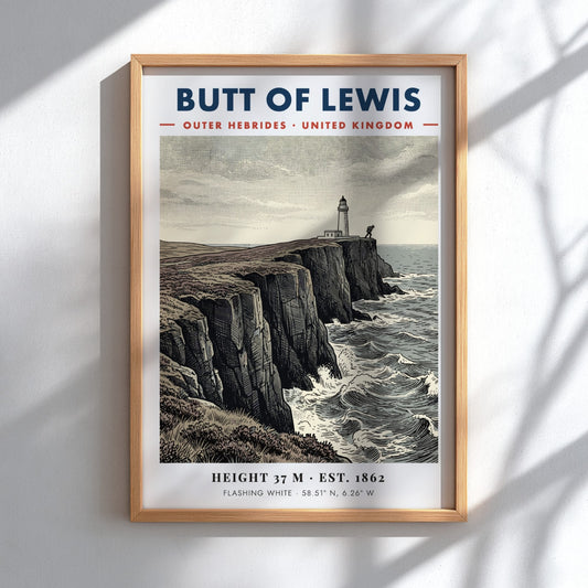 Poster of the Butt of Lewis lighthouse standing on rugged cliffs above sea waves.