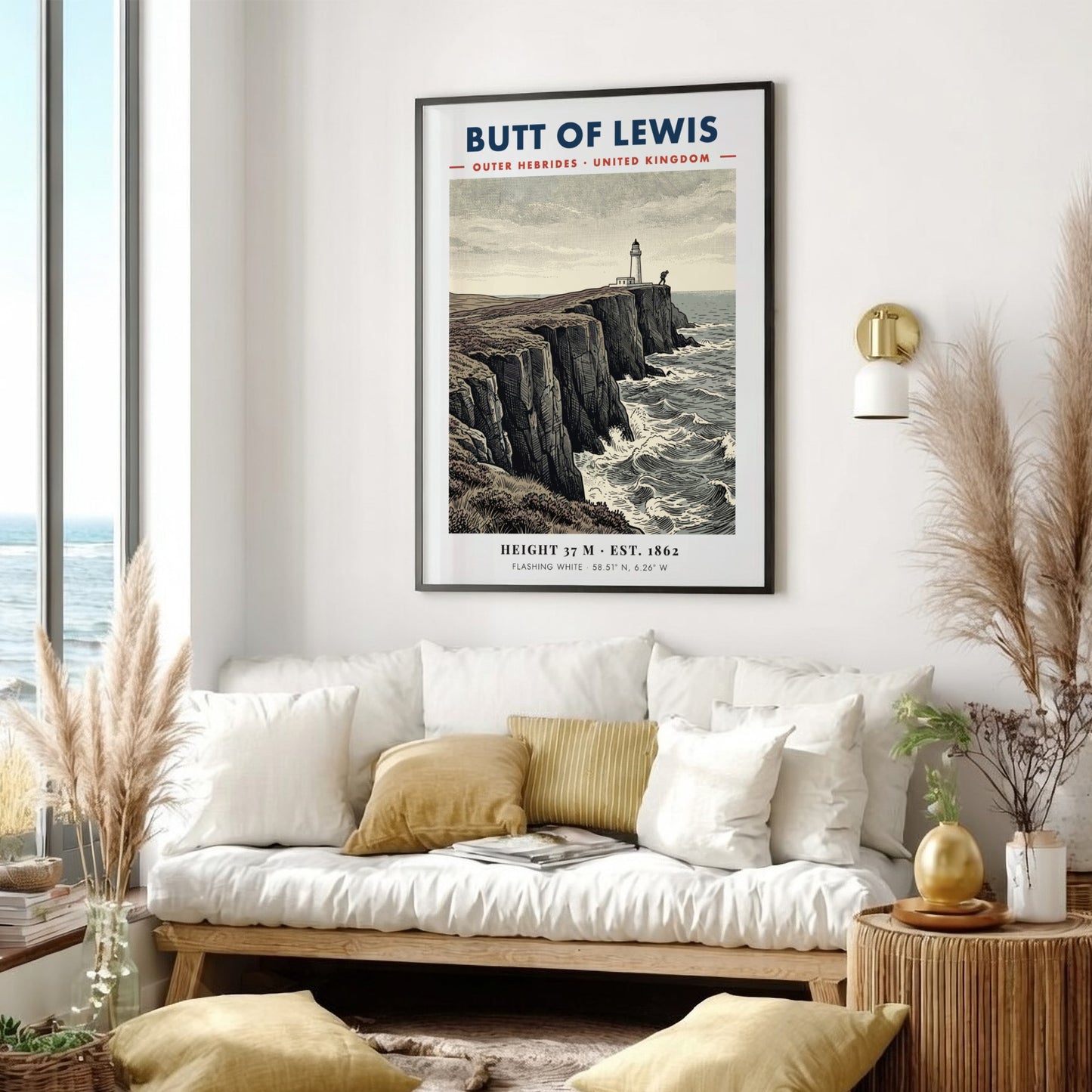 Poster of the Butt of Lewis lighthouse standing on rugged cliffs above sea waves.