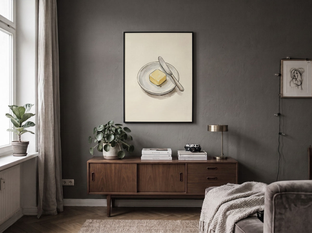 Butter and knife kitchen poster featuring a golden pat of butter on a plate.