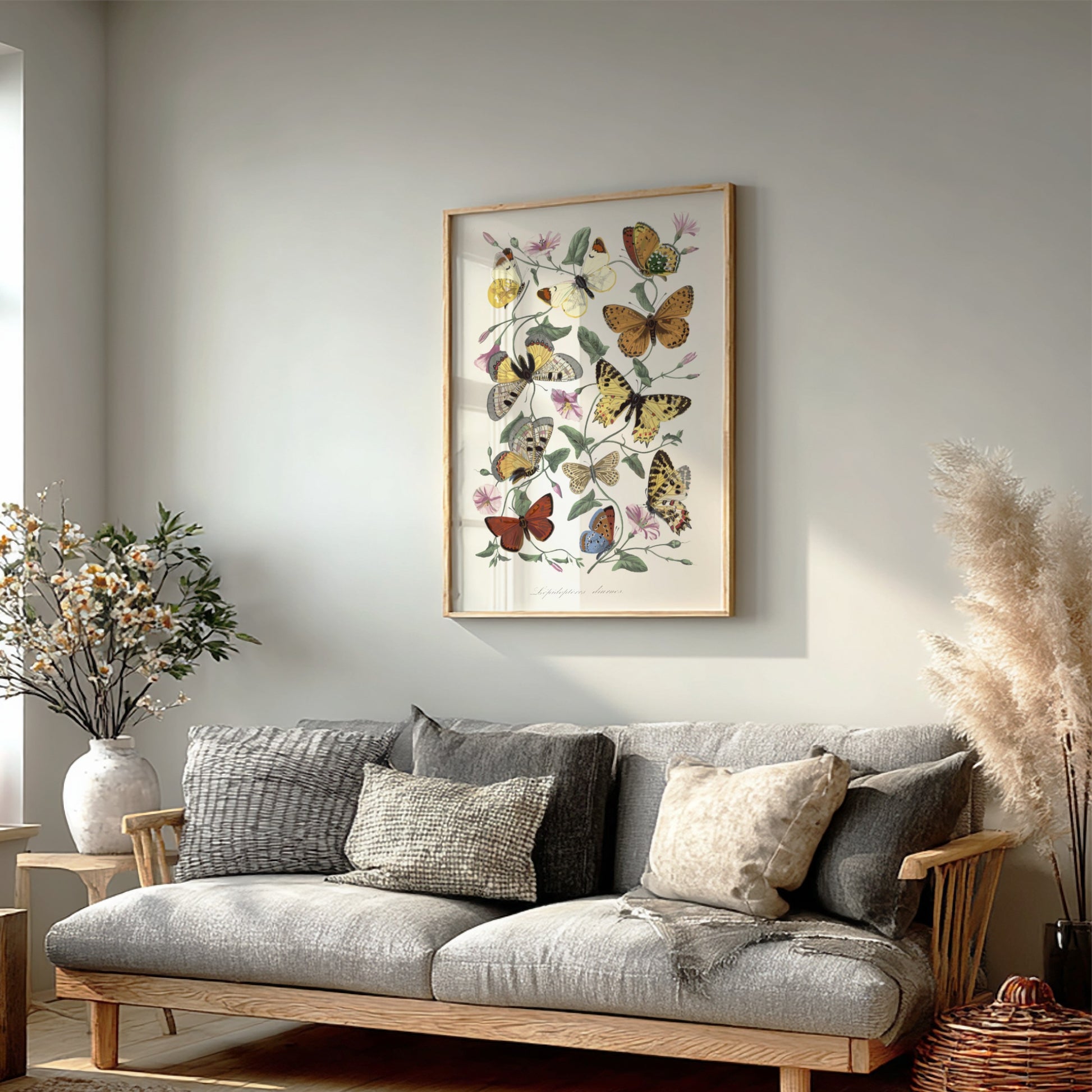 Vintage poster of Paul Gervais' butterfly and moth painting with flowers and foliage.