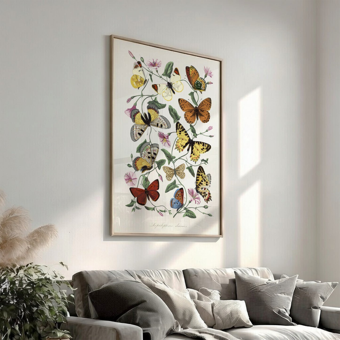 Vintage poster of Paul Gervais' butterfly and moth painting with flowers and foliage.