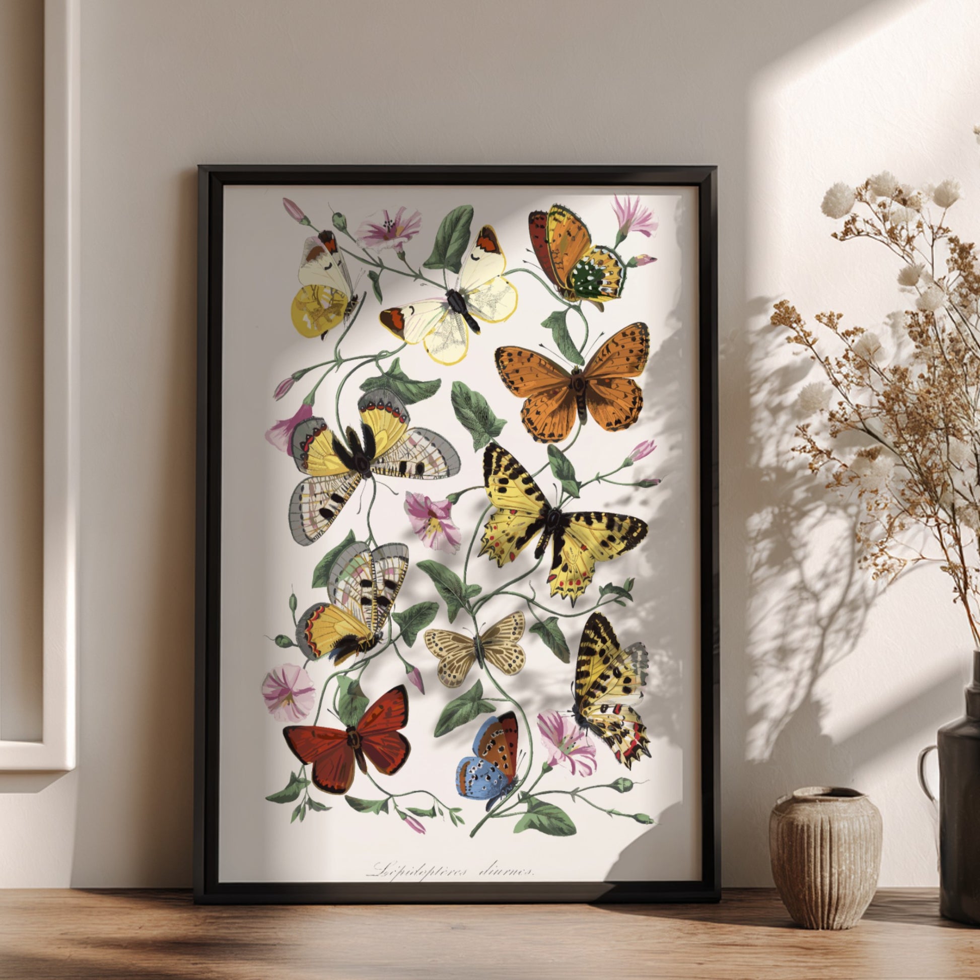 Vintage poster of Paul Gervais' butterfly and moth painting with flowers and foliage.