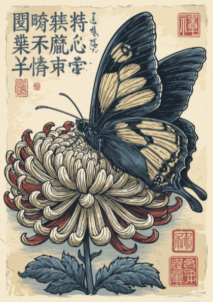 Japanese art style poster of a dark blue and yellow butterfly on a red and cream chrysanthemum flower.