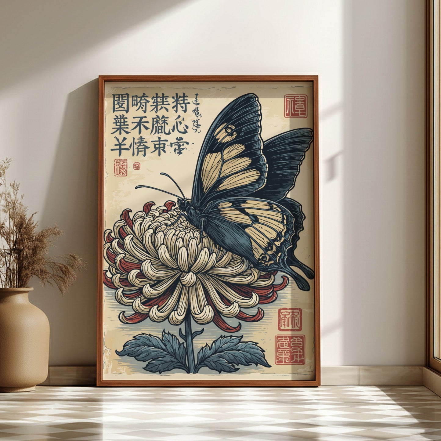 Japanese art style poster of a dark blue and yellow butterfly on a red and cream chrysanthemum flower.