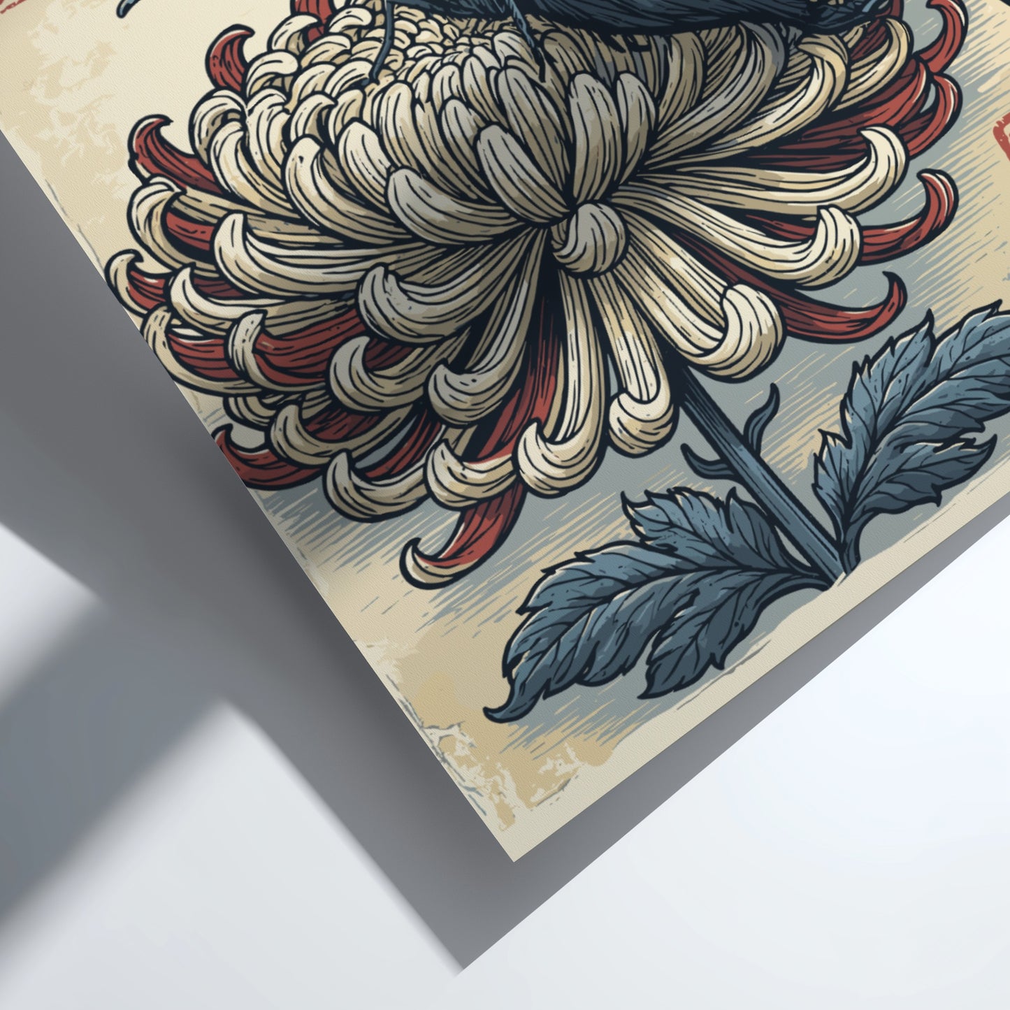 Japanese art style poster of a dark blue and yellow butterfly on a red and cream chrysanthemum flower.