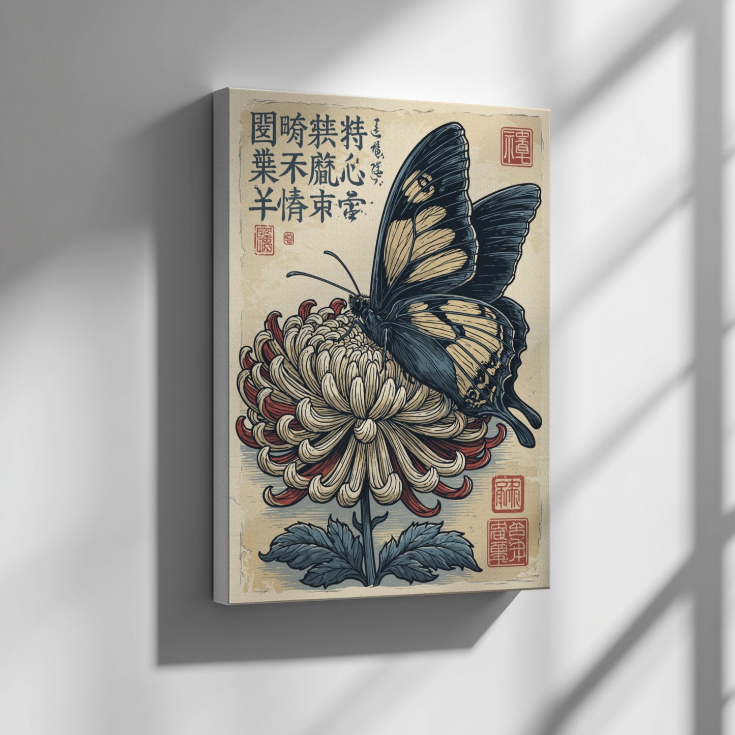 Japanese art style poster of a dark blue and yellow butterfly on a red and cream chrysanthemum flower.