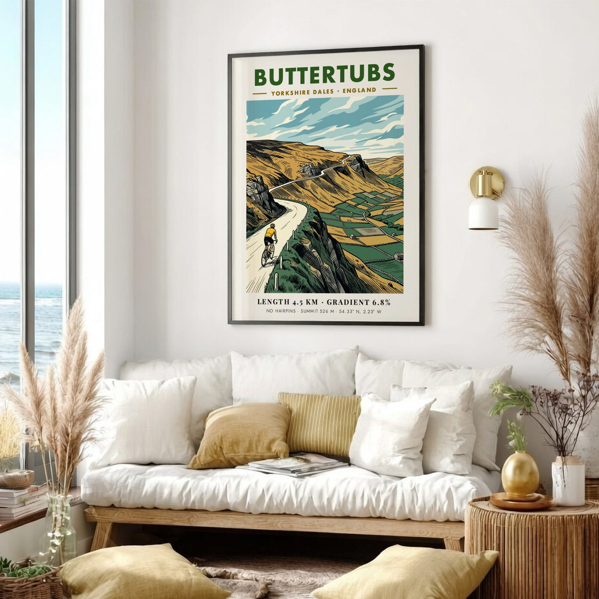 Poster of a cyclist climbing the Buttertubs road in the Yorkshire Dales landscape