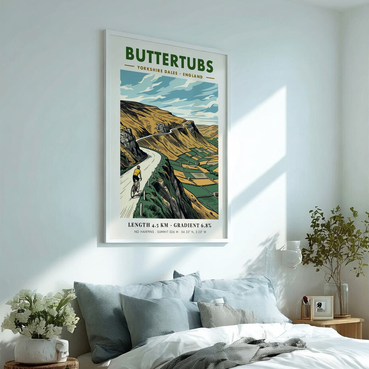 Poster of a cyclist climbing the Buttertubs road in the Yorkshire Dales landscape