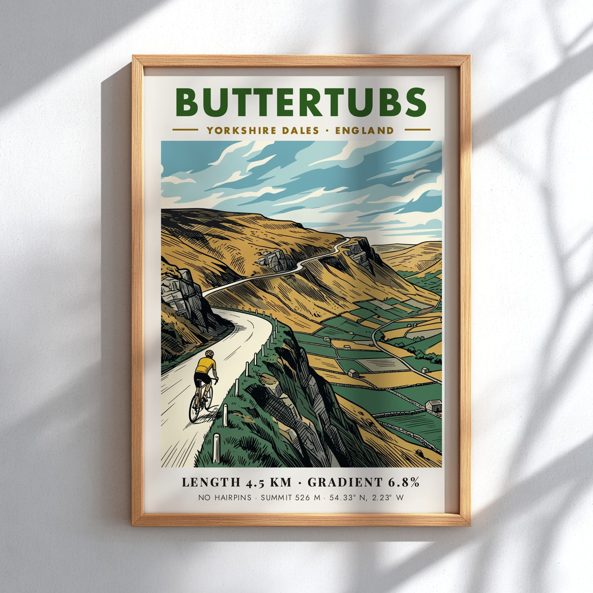 Poster of a cyclist climbing the Buttertubs road in the Yorkshire Dales landscape
