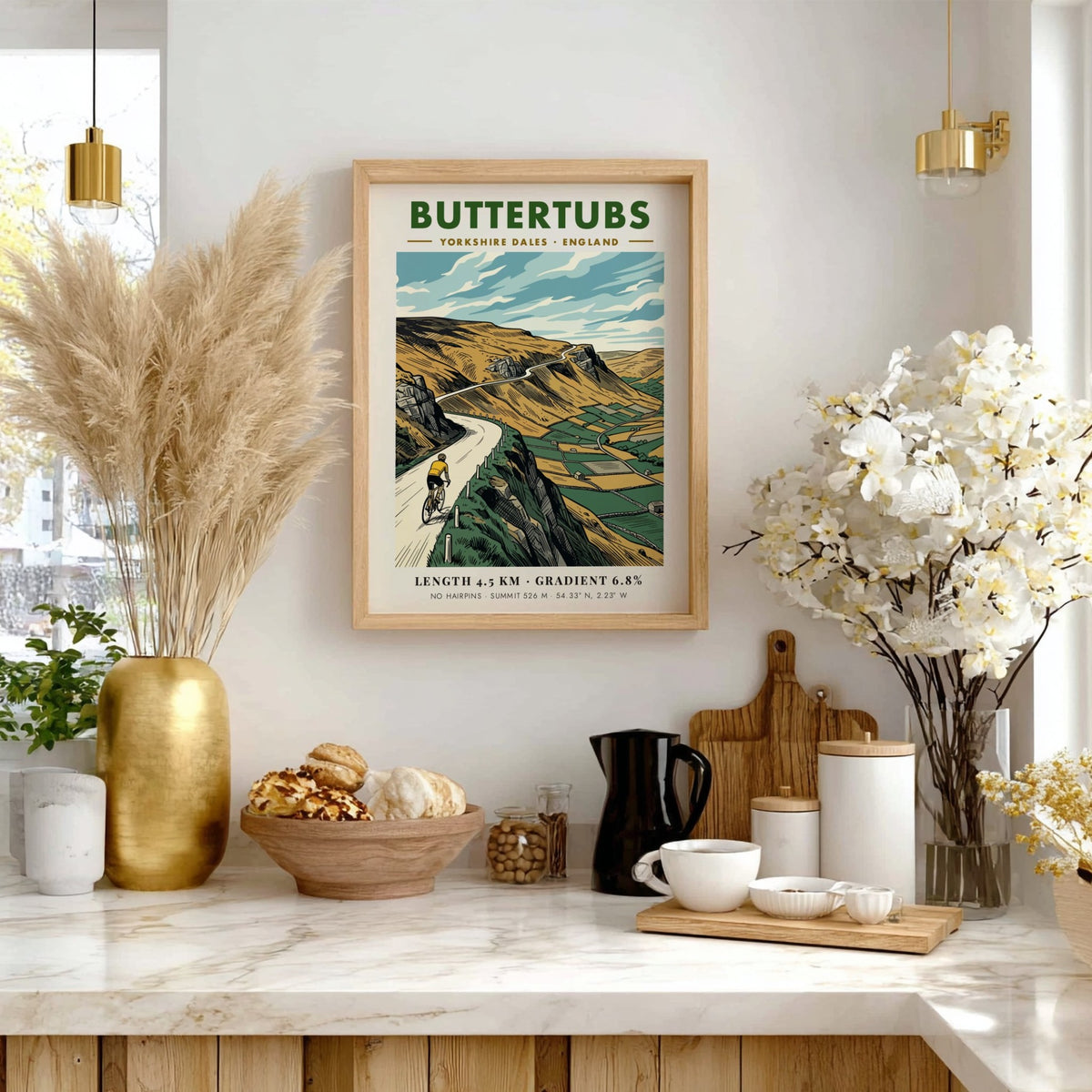 Poster of a cyclist climbing the Buttertubs road in the Yorkshire Dales landscape