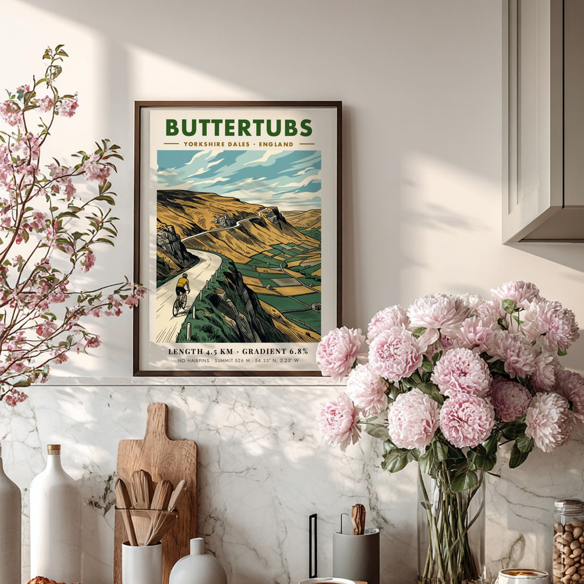 Poster of a cyclist climbing the Buttertubs road in the Yorkshire Dales landscape