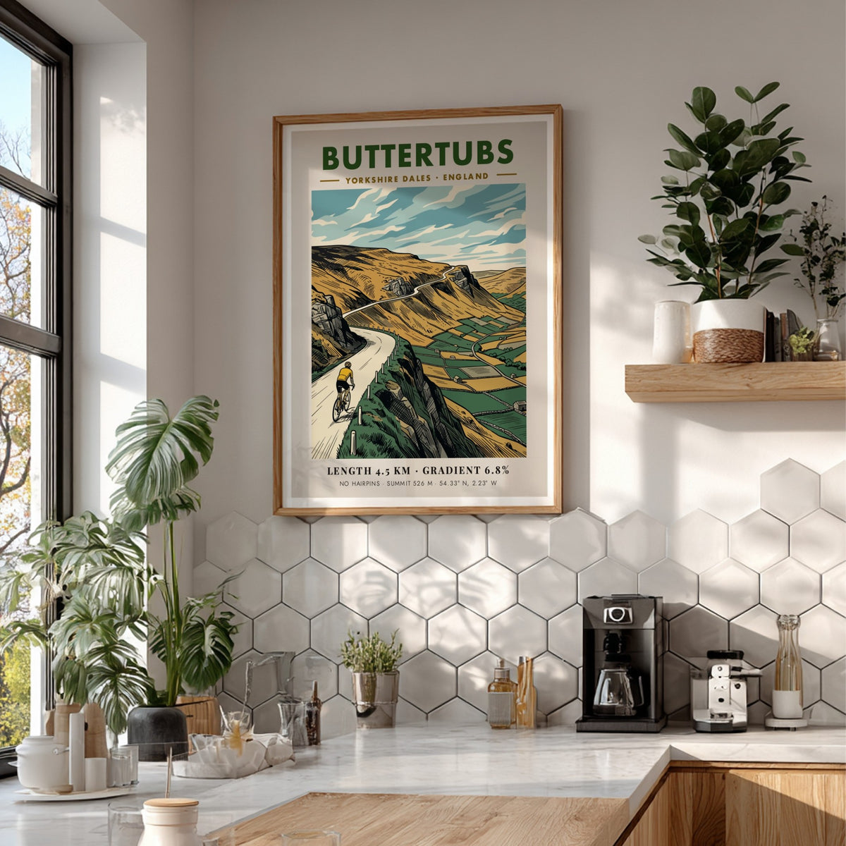 Poster of a cyclist climbing the Buttertubs road in the Yorkshire Dales landscape