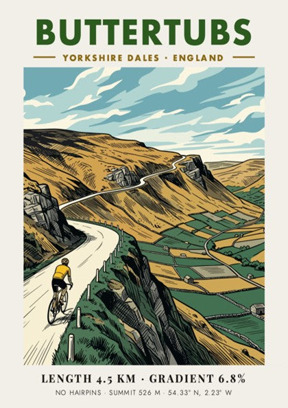 Poster of a cyclist climbing the Buttertubs road in the Yorkshire Dales landscape