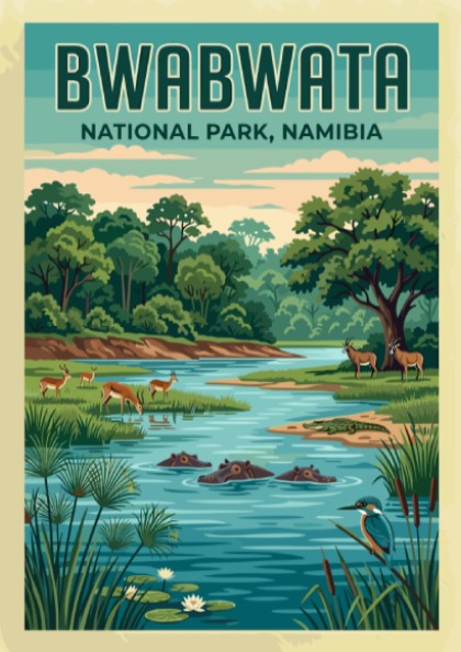 Bwabwata National Park poster featuring lush greenery, wildlife, and serene colors for nature-themed decor