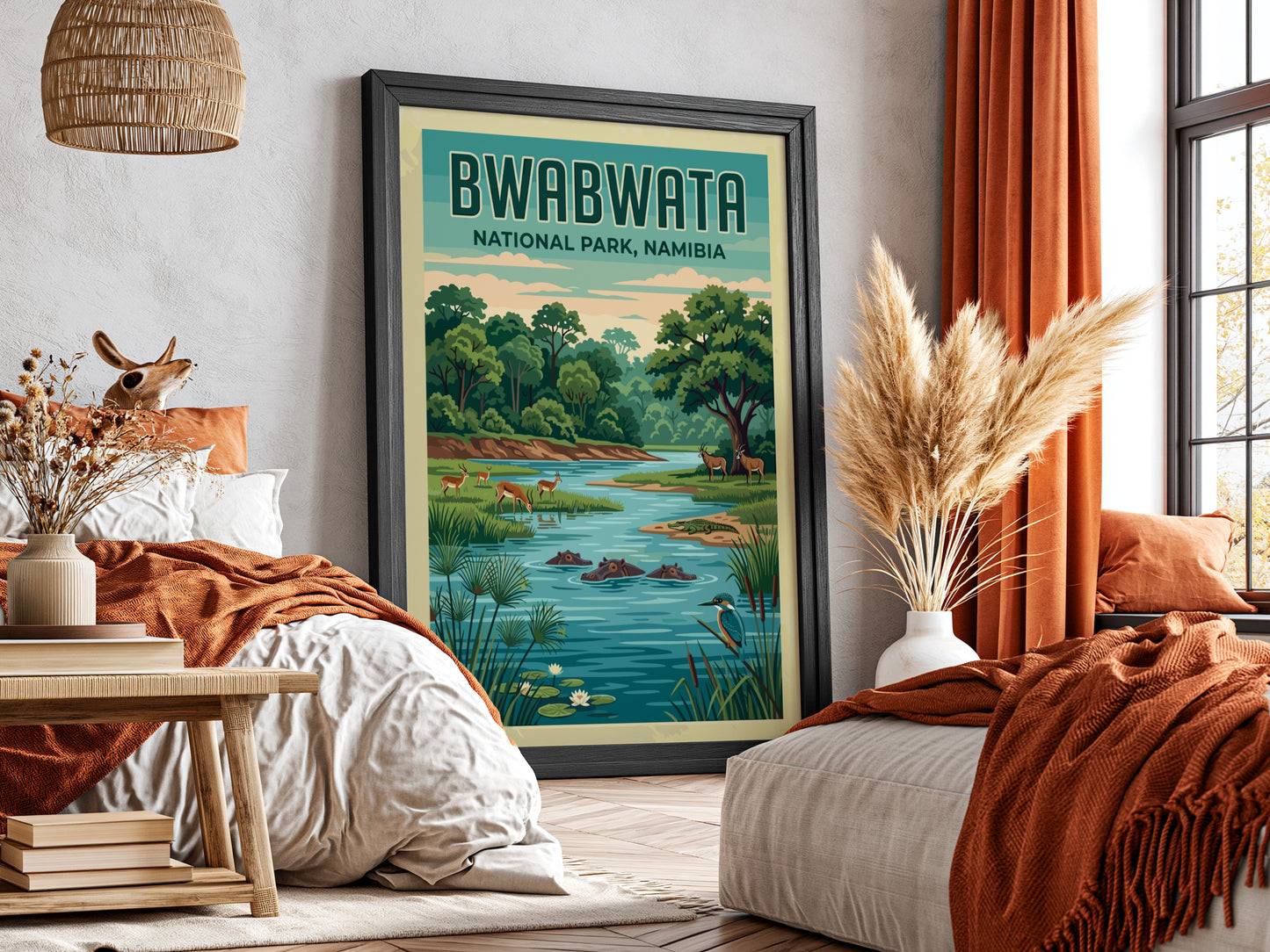 Bwabwata National Park poster featuring lush greenery, wildlife, and serene colors for nature-themed decor