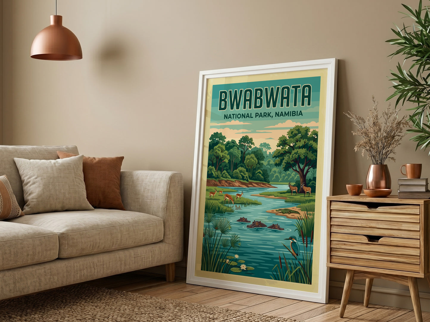 Bwabwata National Park poster featuring lush greenery, wildlife, and serene colors for nature-themed decor