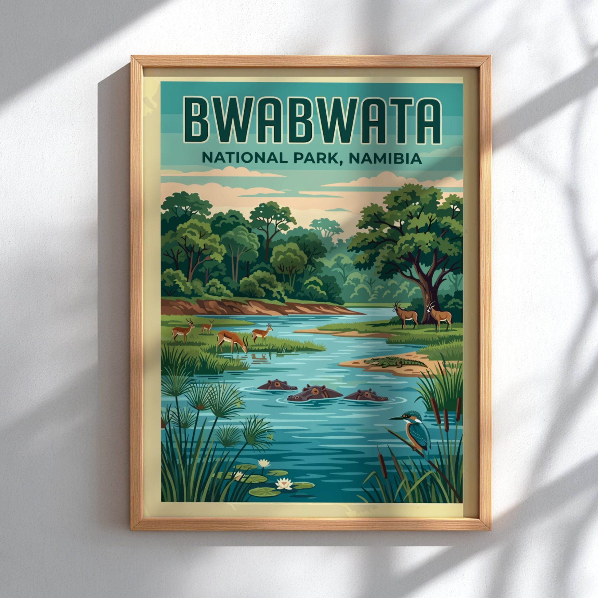 Bwabwata National Park poster featuring lush greenery, wildlife, and serene colors for nature-themed decor