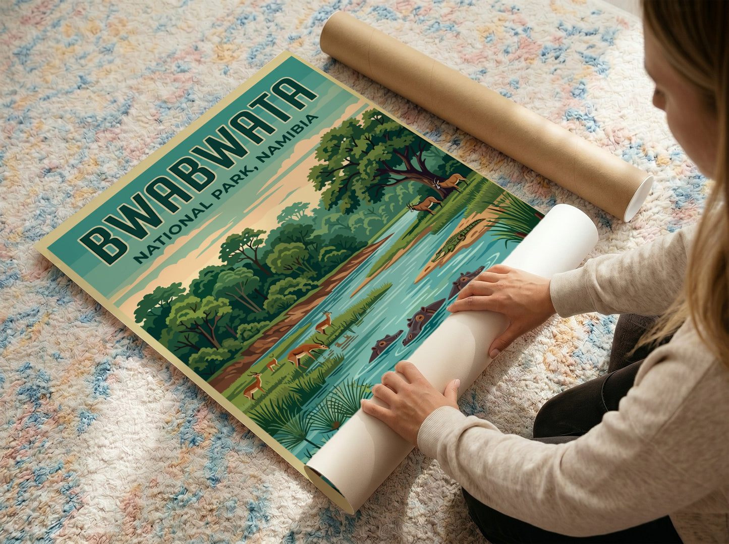 Bwabwata National Park poster featuring lush greenery, wildlife, and serene colors for nature-themed decor