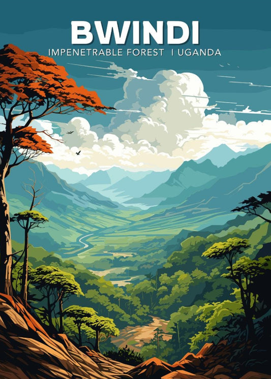 A vibrant travel poster featuring the Bwindi Impenetrable Forest in Uganda with lush greenery, misty hills, and rare mountain gorillas in their natural habitat.