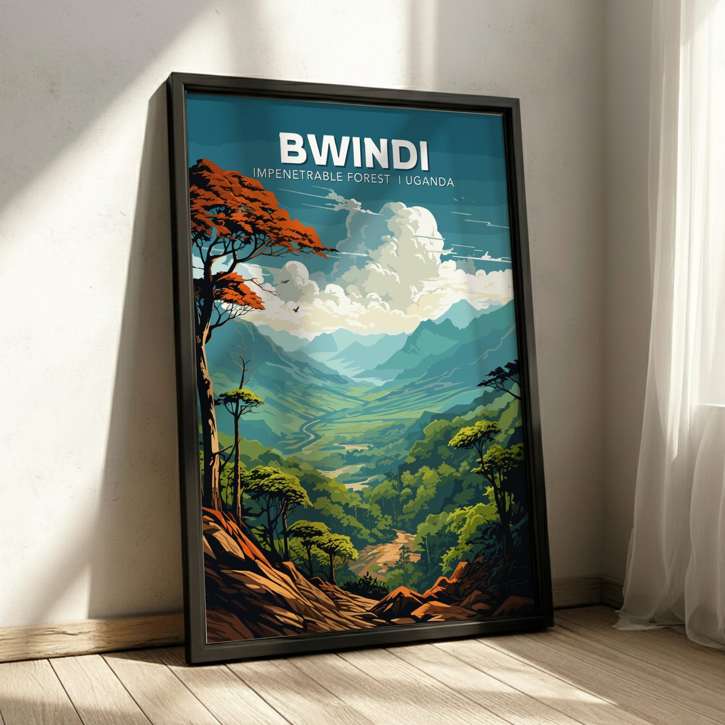 Framed poster of Bwindi Impenetrable Forest, Uganda on a wall.