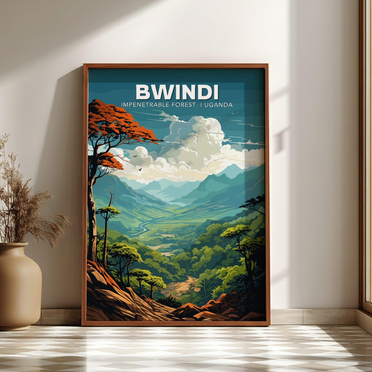 Framed poster of Bwindi Impenetrable Forest, Uganda on a wall.