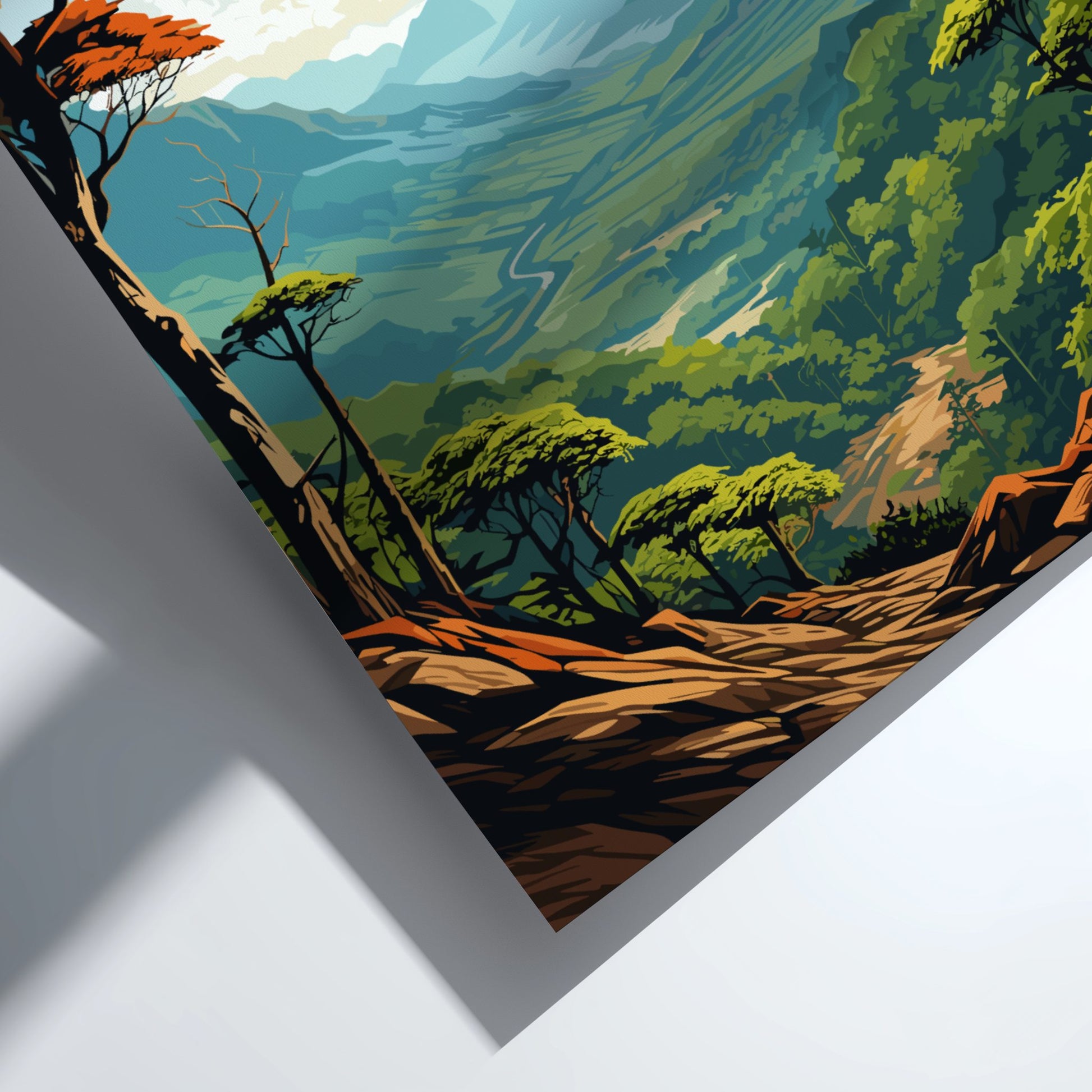 Colorful illustration of a mountainous landscape with trees and a clear sky.