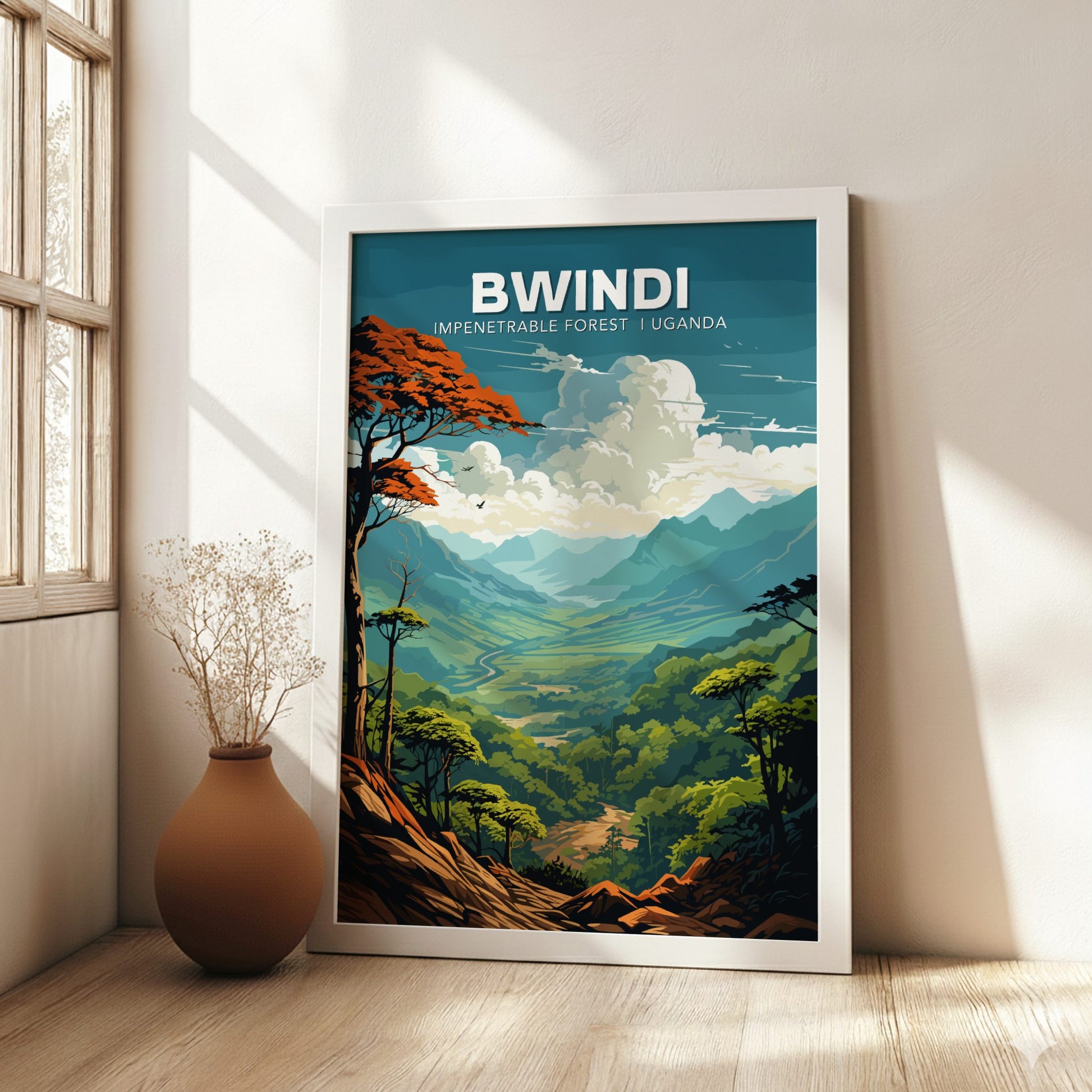 Framed artwork of Bwindi Impenetrable Forest in Uganda on a wall with natural light.
