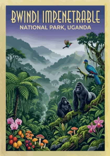 Bwindi Impenetrable poster featuring gorillas and tropical plants in vibrant colors