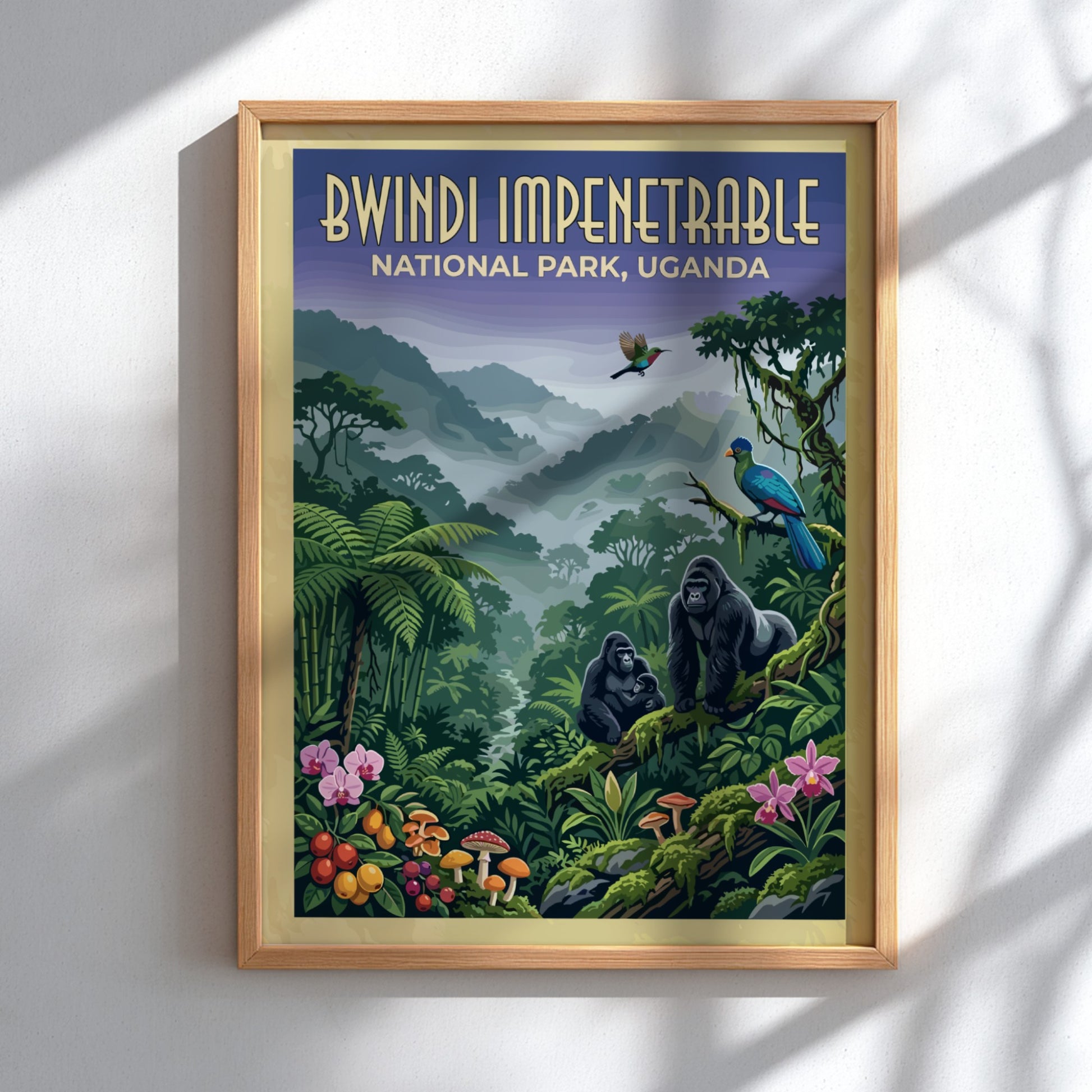 Bwindi Impenetrable poster featuring gorillas and tropical plants in vibrant colors