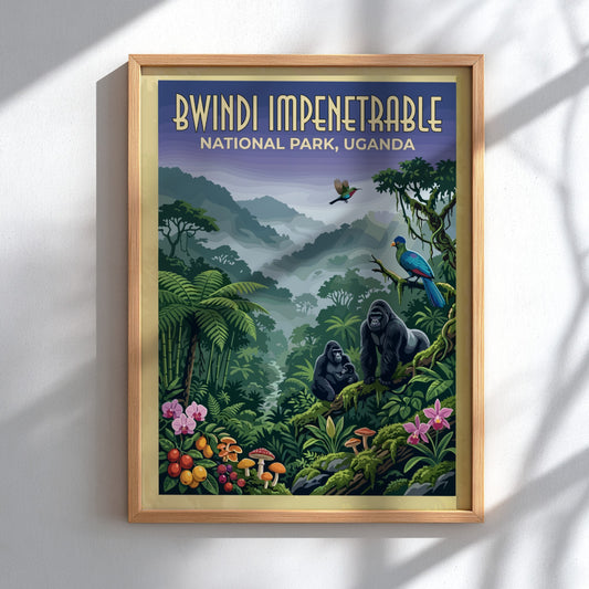 Bwindi Impenetrable poster featuring gorillas and tropical plants in vibrant colors