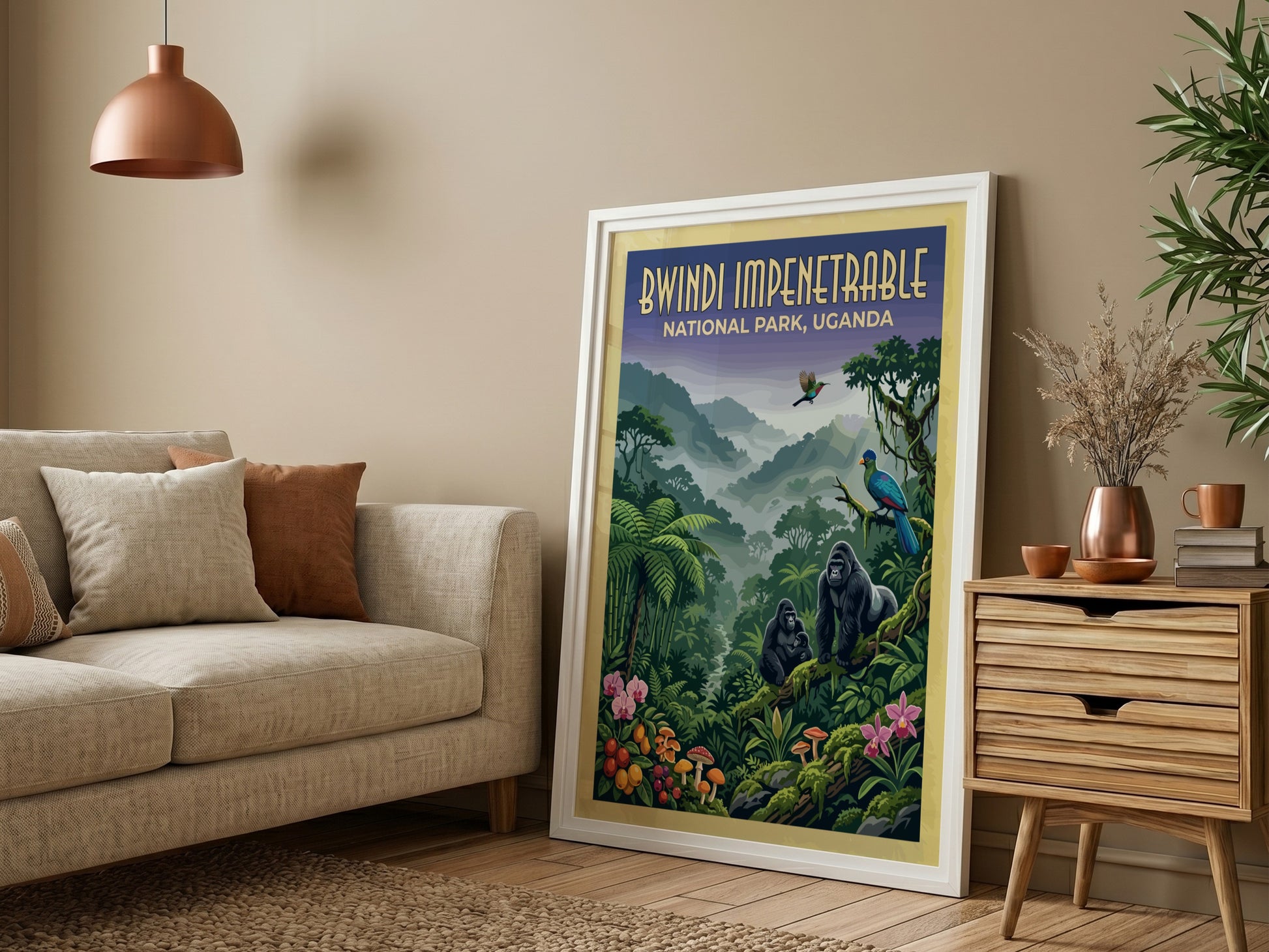 Bwindi Impenetrable poster featuring gorillas and tropical plants in vibrant colors