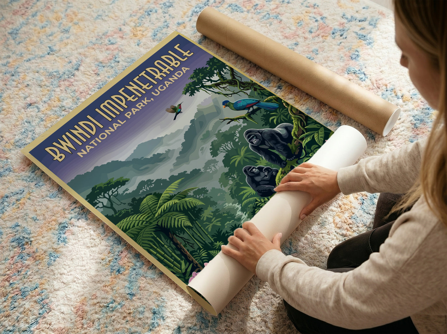 Bwindi Impenetrable poster featuring gorillas and tropical plants in vibrant colors