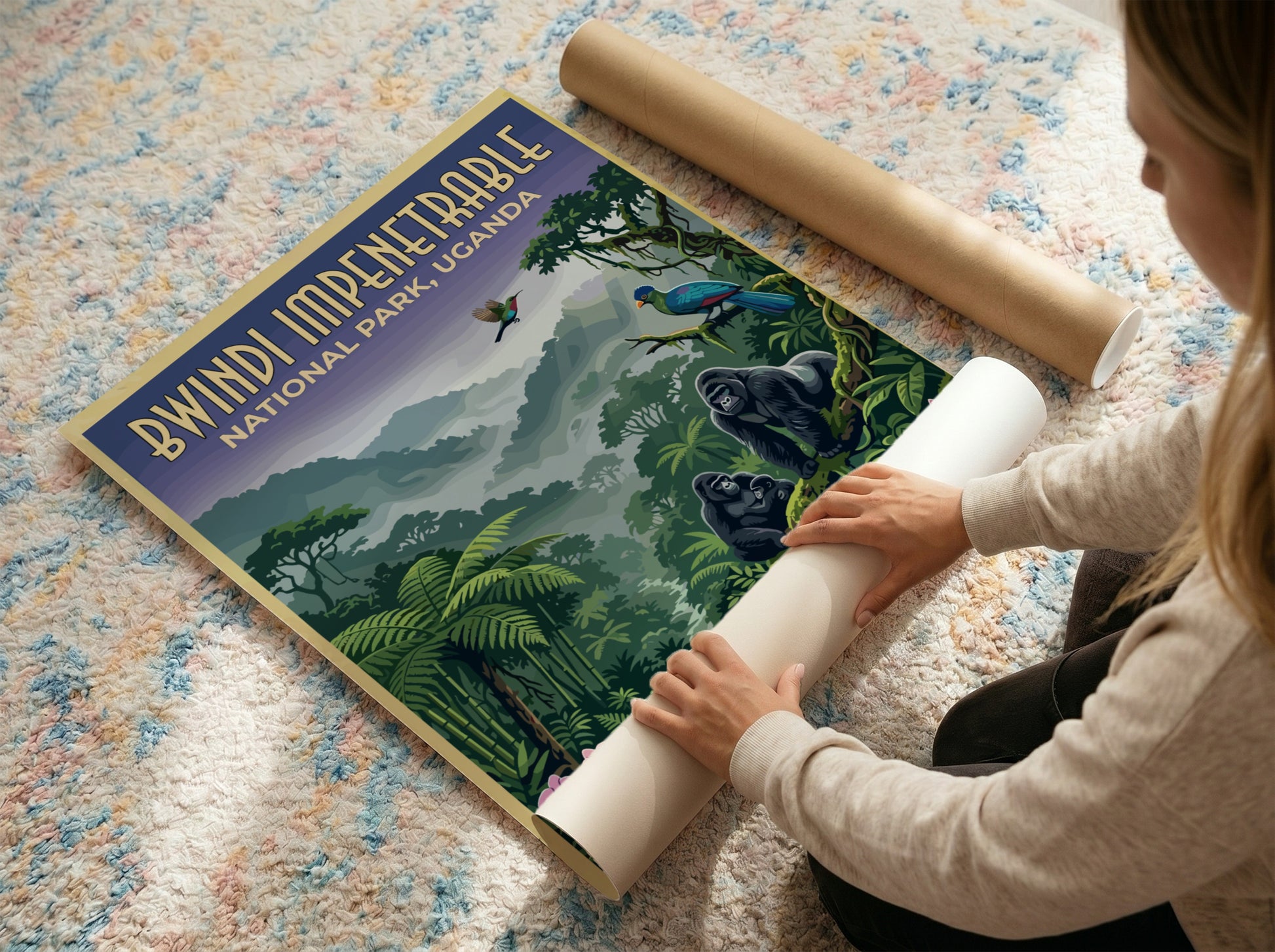 Bwindi Impenetrable poster featuring gorillas and tropical plants in vibrant colors