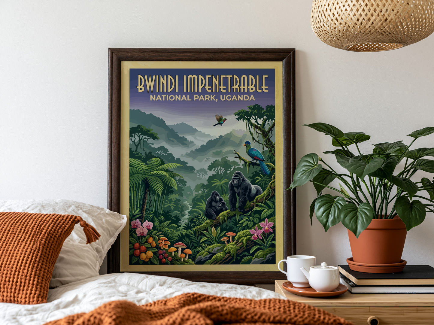 Bwindi Impenetrable poster featuring gorillas and tropical plants in vibrant colors