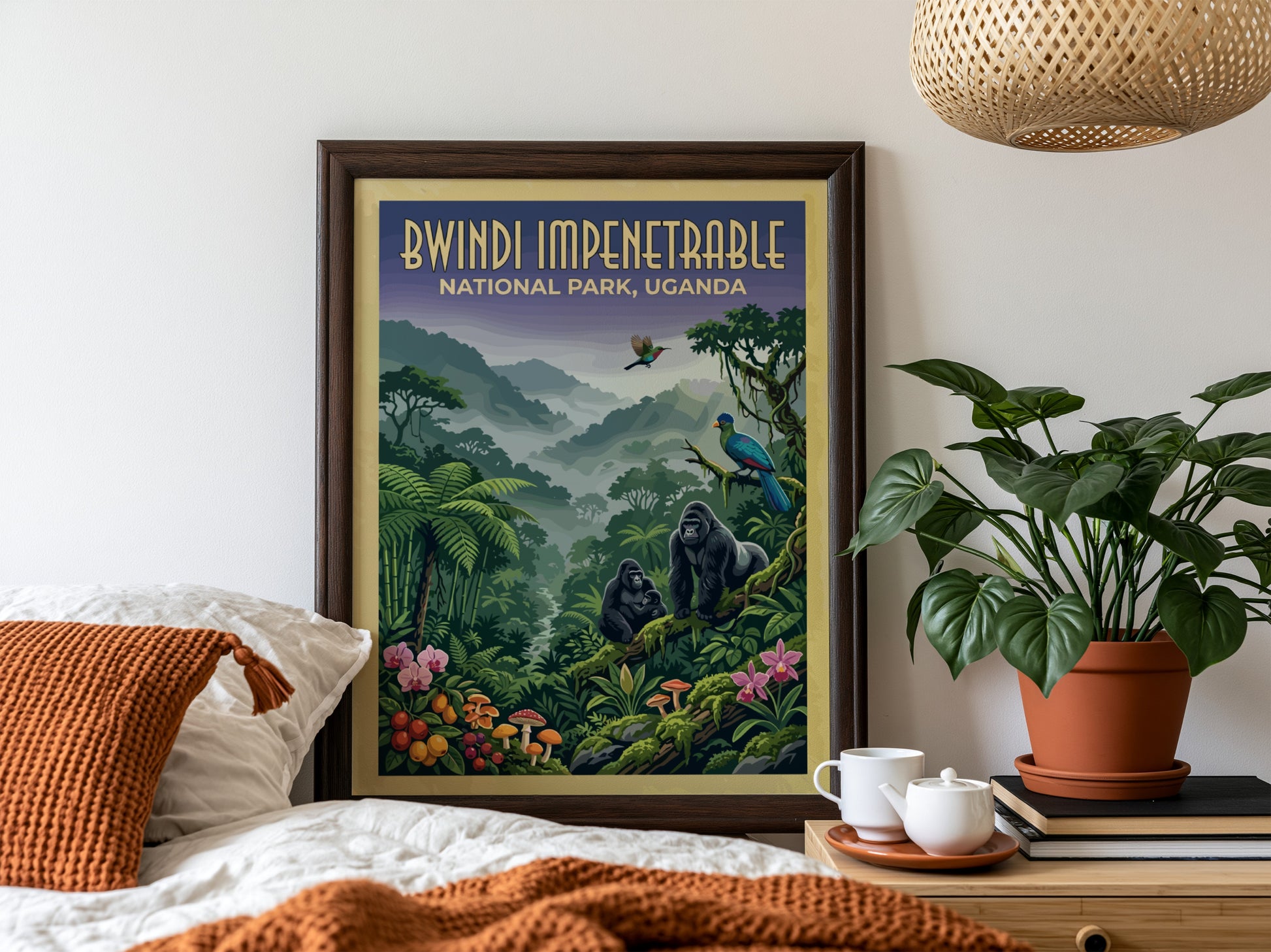 Bwindi Impenetrable poster featuring gorillas and tropical plants in vibrant colors