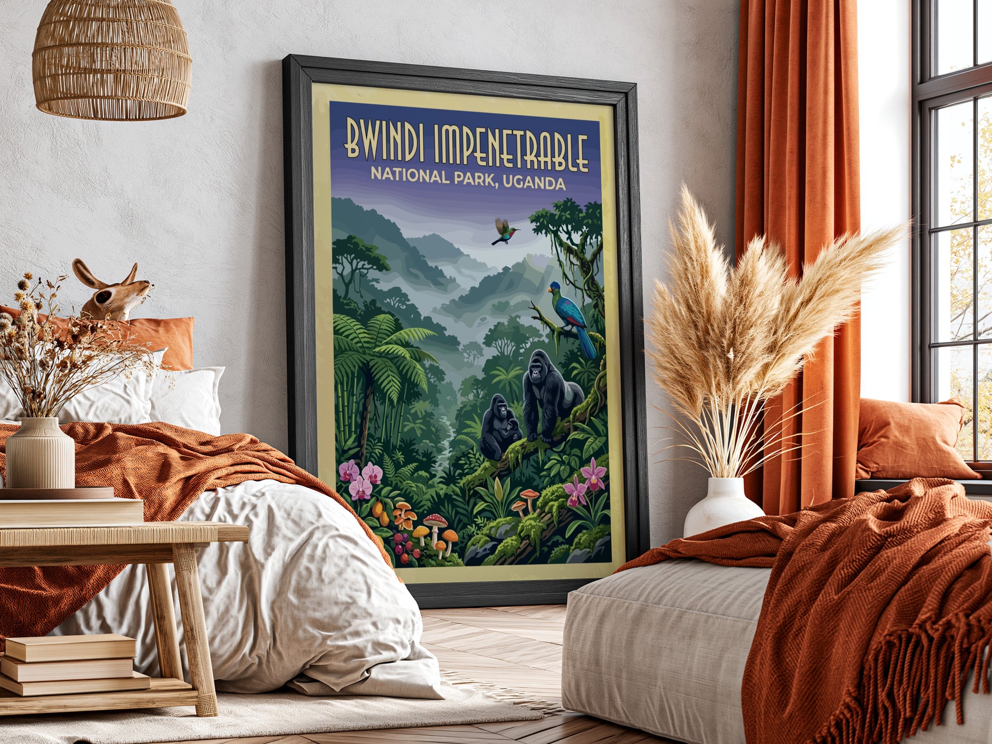 Bwindi Impenetrable poster featuring gorillas and tropical plants in vibrant colors