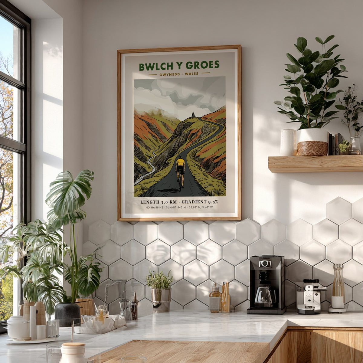 Poster featuring a cyclist climbing the steep Bwlch Y Groes road in Wales