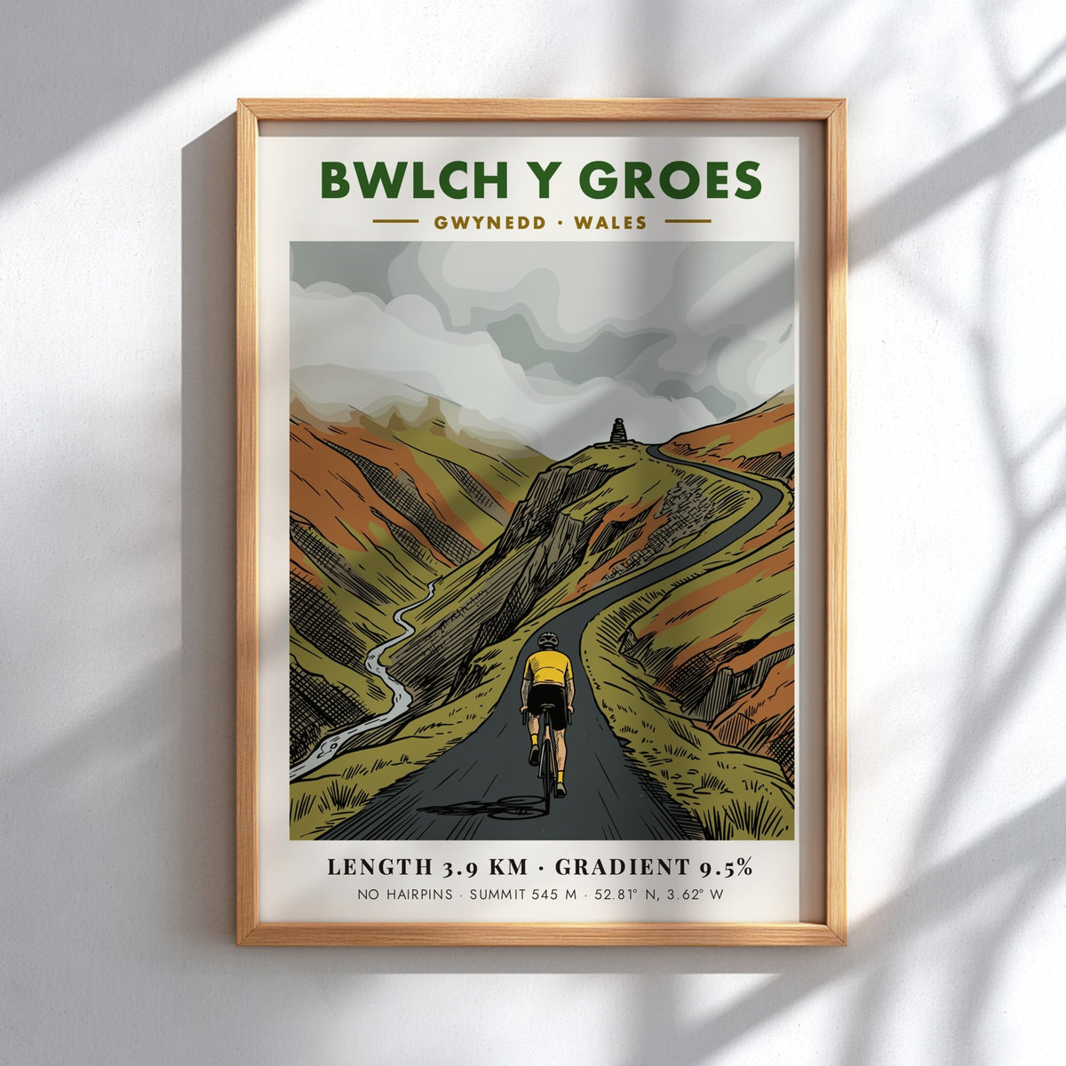 Poster featuring a cyclist climbing the steep Bwlch Y Groes road in Wales