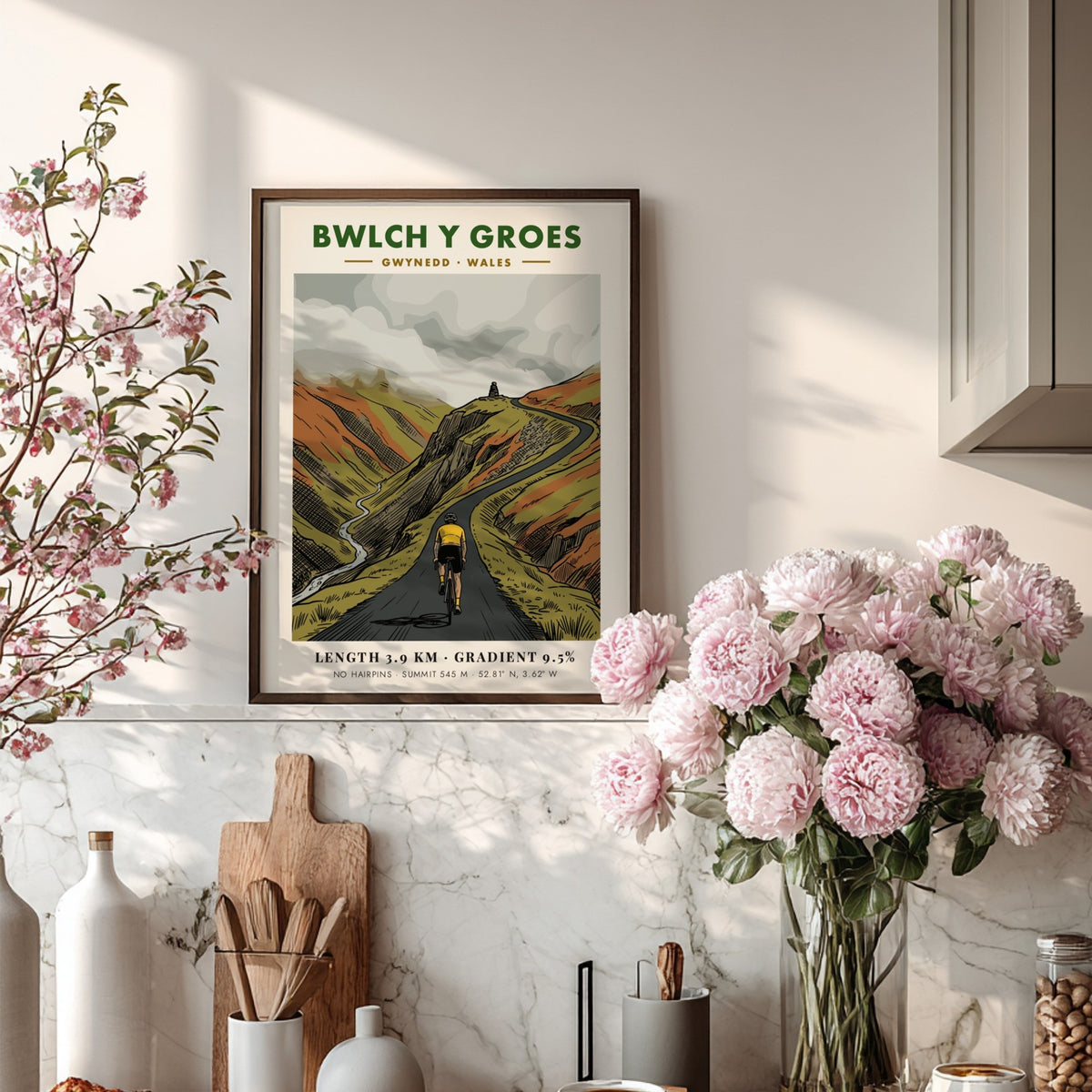 Poster featuring a cyclist climbing the steep Bwlch Y Groes road in Wales