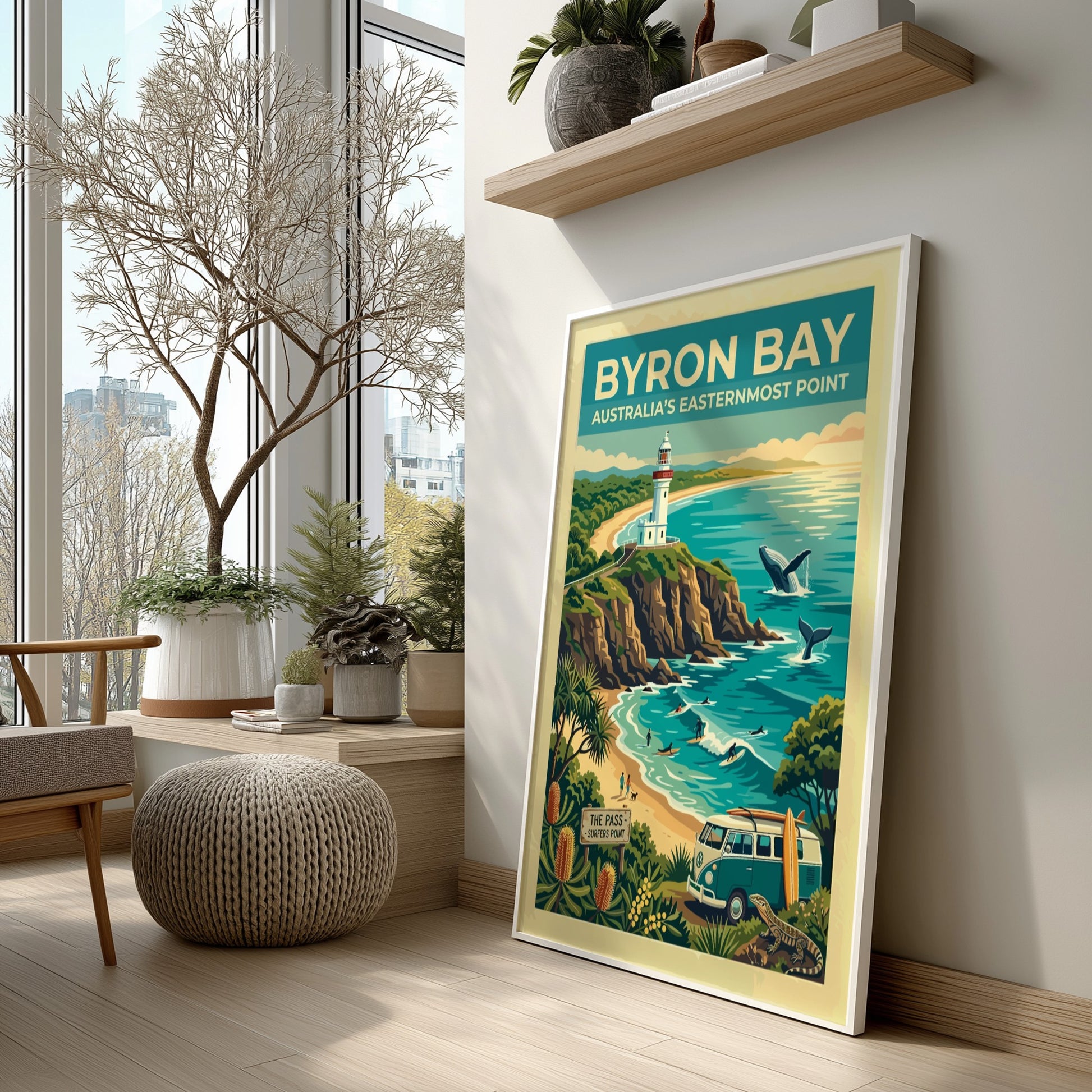 Australia travel poster featuring the Byron Bay lighthouse, whales, surfers, and coastal flora.