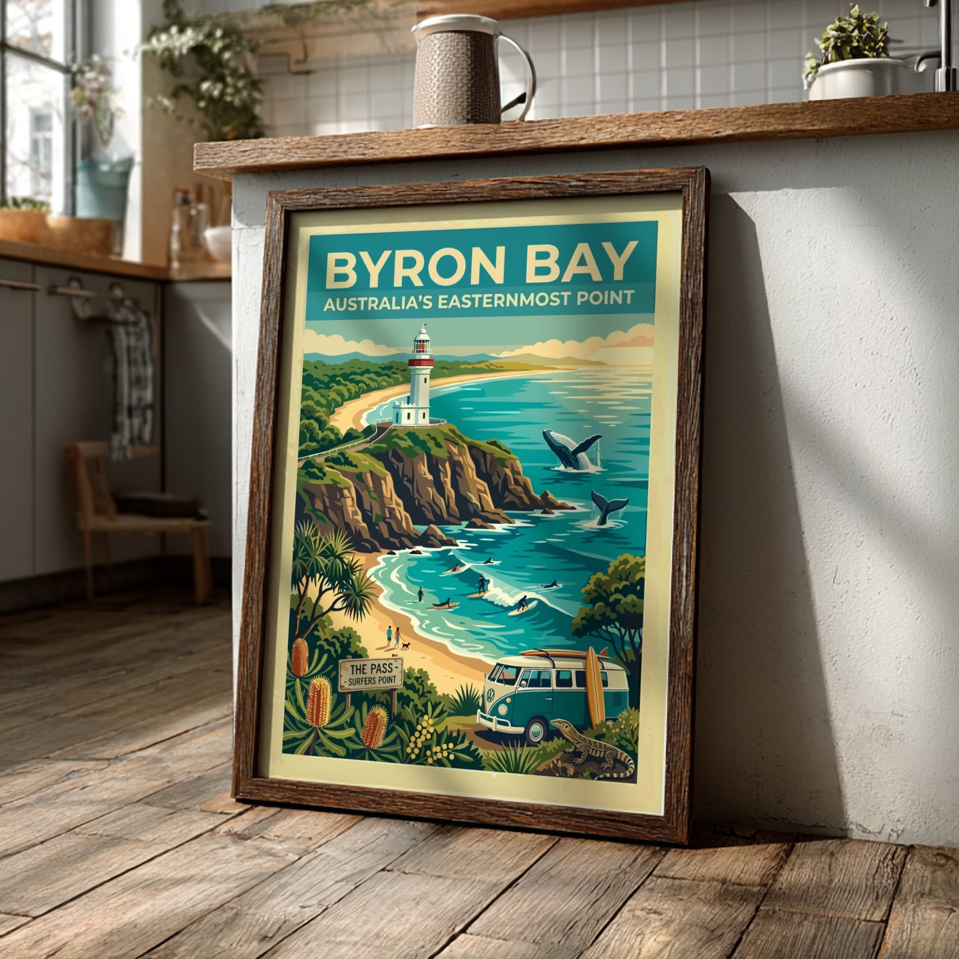 Australia travel poster featuring the Byron Bay lighthouse, whales, surfers, and coastal flora.