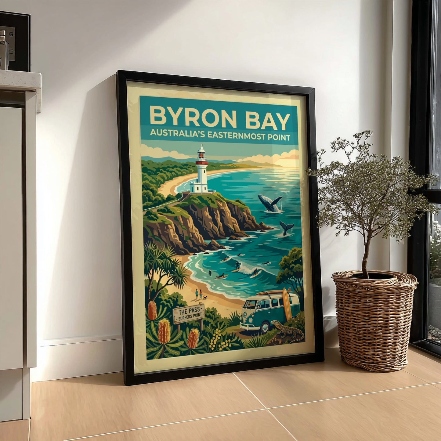 Australia travel poster featuring the Byron Bay lighthouse, whales, surfers, and coastal flora.