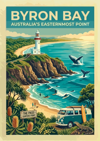 Australia travel poster featuring the Byron Bay lighthouse, whales, surfers, and coastal flora.