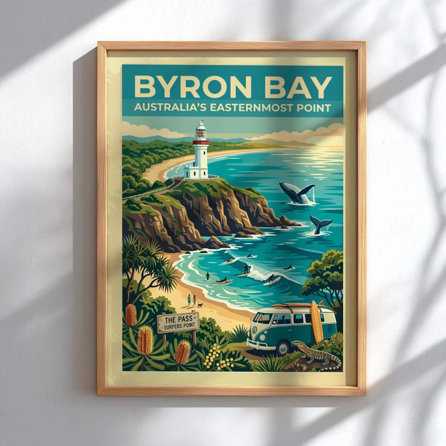 Australia travel poster featuring the Byron Bay lighthouse, whales, surfers, and coastal flora.
