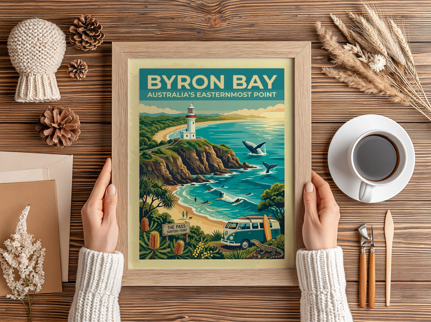 Australia travel poster featuring the Byron Bay lighthouse, whales, surfers, and coastal flora.