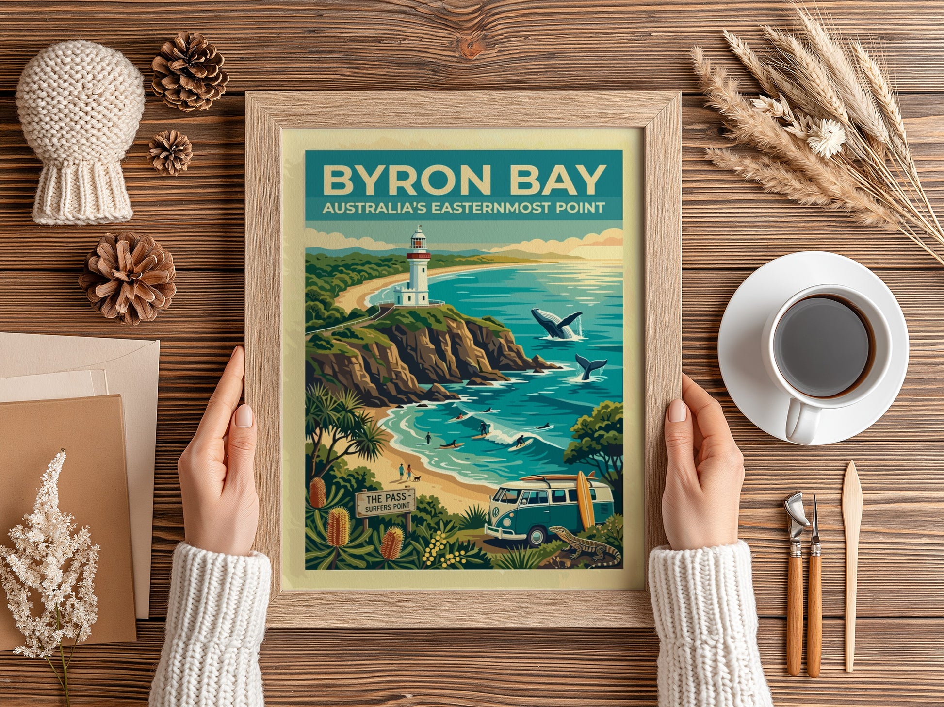 Australia travel poster featuring the Byron Bay lighthouse, whales, surfers, and coastal flora.