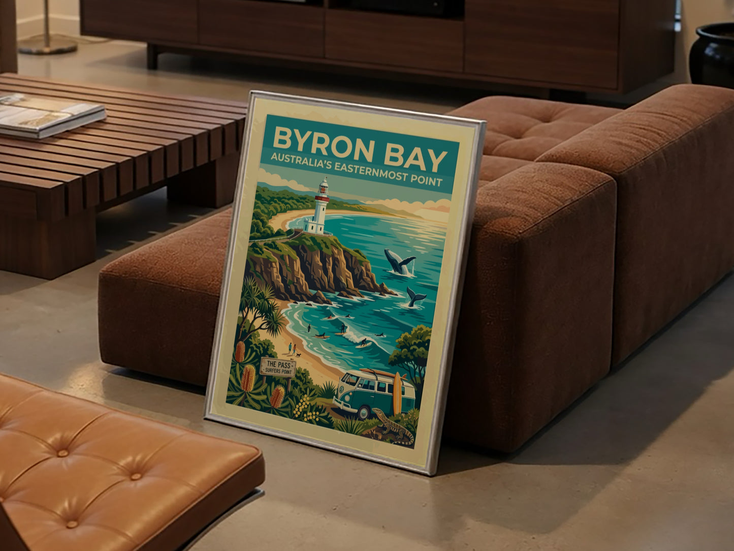 Australia travel poster featuring the Byron Bay lighthouse, whales, surfers, and coastal flora.