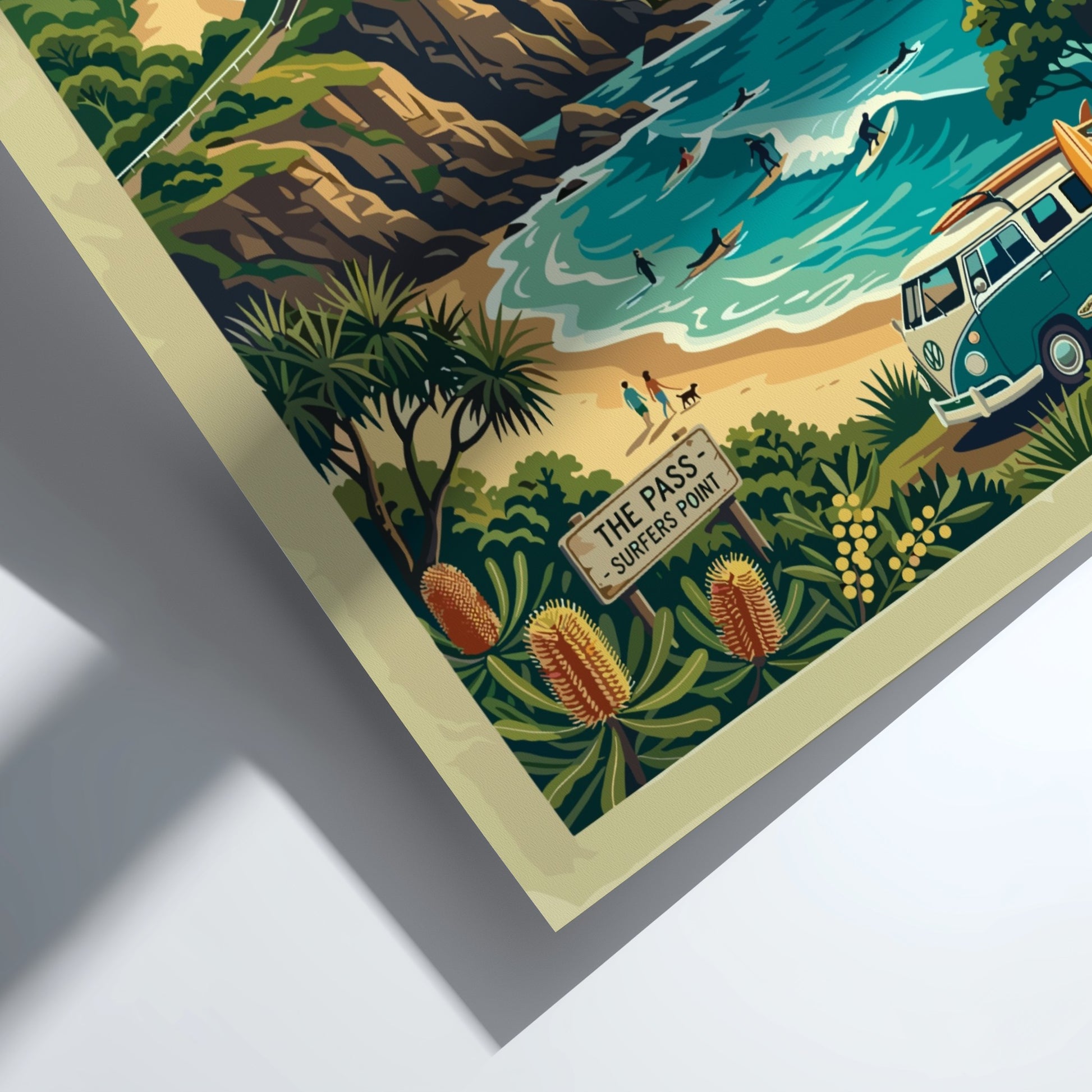 Australia travel poster featuring the Byron Bay lighthouse, whales, surfers, and coastal flora.