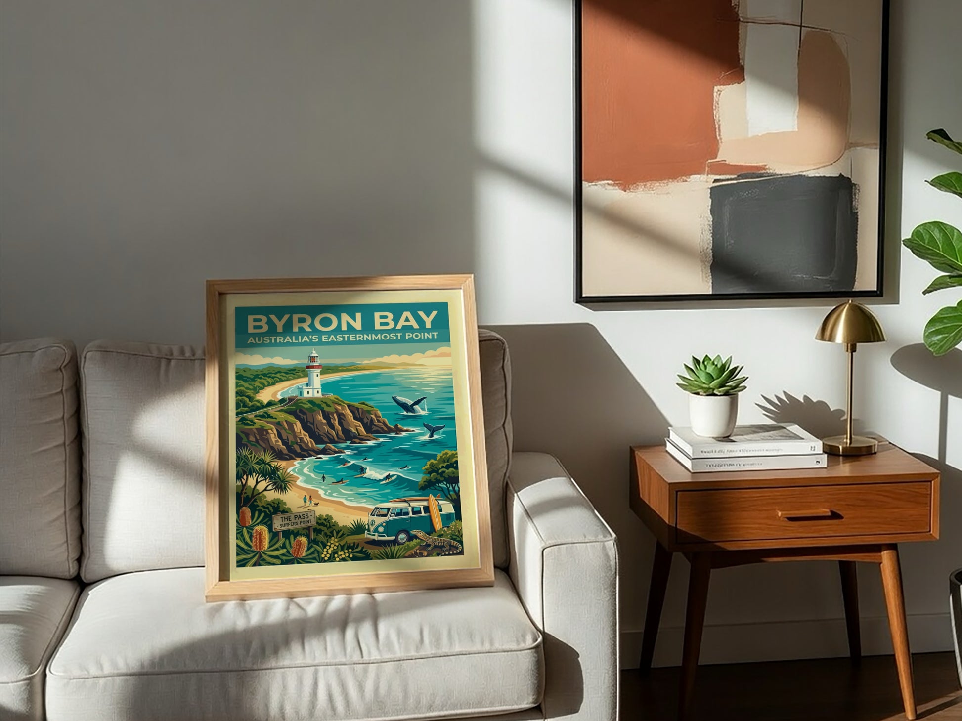 Australia travel poster featuring the Byron Bay lighthouse, whales, surfers, and coastal flora.