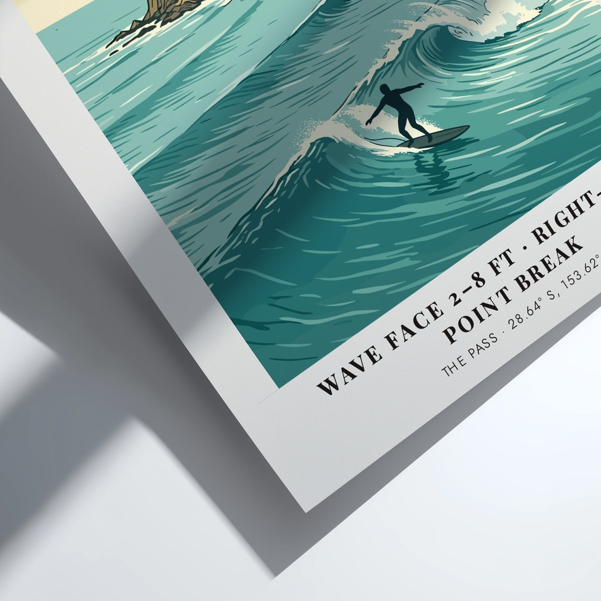 Poster featuring the Byron Bay lighthouse above a surfer riding a blue wave.